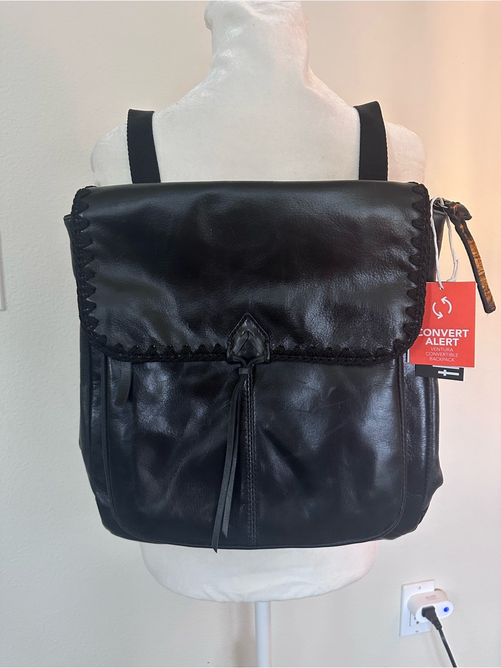 The Sak Black Leather Convertible Backpack Crossbody Bag 12”x12”
